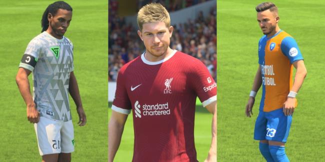 A split image of Ronaldinho, Kevin De Bruyne, and James Maddison about to take Free Kicks in EA Sports FC 24.