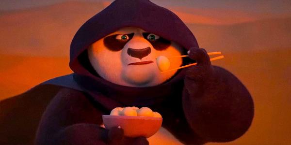 Po holding a dumpling in Kung Fu Panda 4