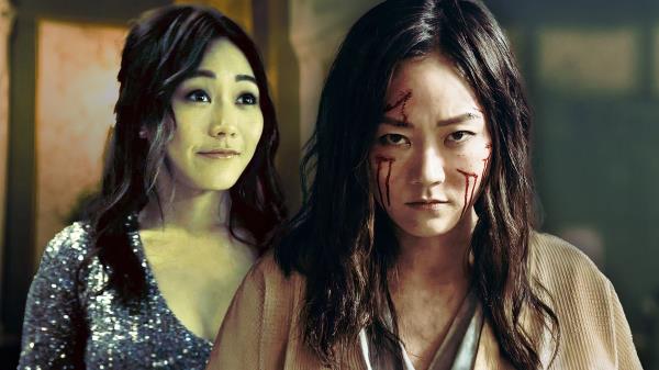 An edited image of Karen Fukuhara as Kimiko with blood on her face in The Boys